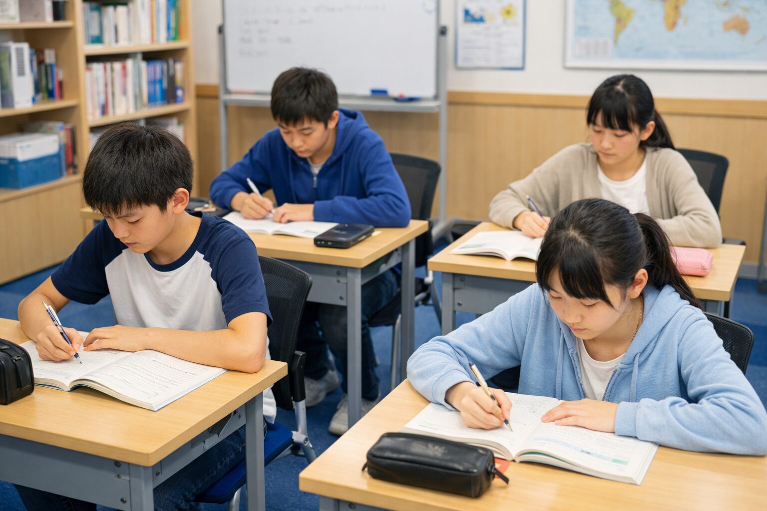 学習塾での集中した勉強風景