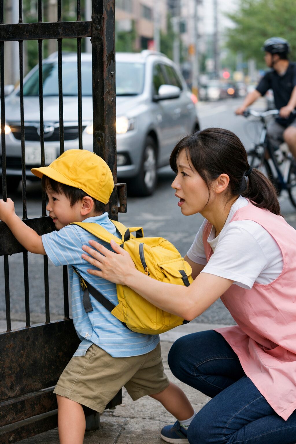 保育園の門扉を勝手に空けて外へ出る園児